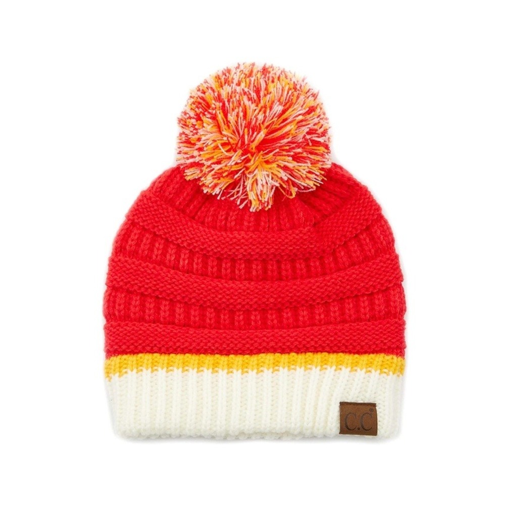 C.C Beanie Colorblock Ribbed Pom Pom Beanie – Red & Yellow NWT